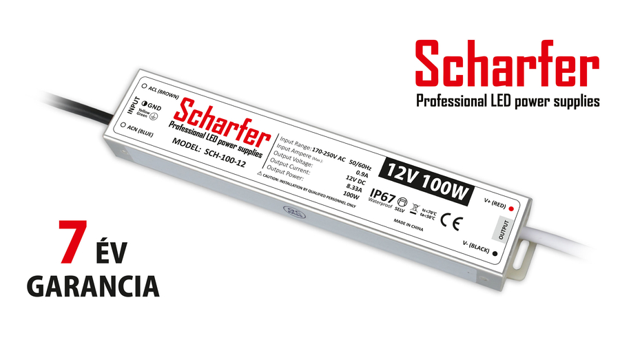 Scharfer Vízálló LED tápegység 12 Volt (100W/8.33A) IP67