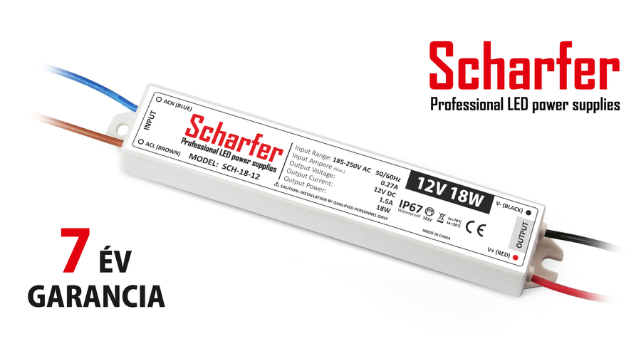 Scharfer Vízálló LED tápegység 12 Volt (18W/1.5A) IP67